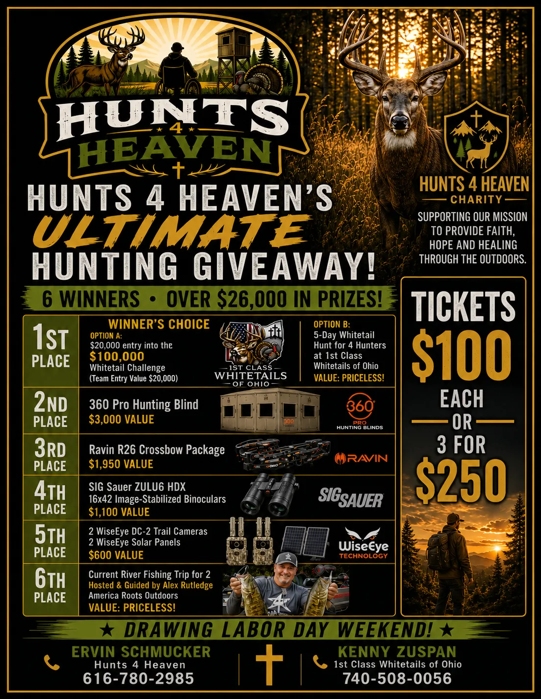 Hunts 4 Heaven Ultimate Hunting Giveaway flyer — 6 winners, over $26,000 in prizes, tickets $100 each or 3 for $250, drawing Labor Day weekend
